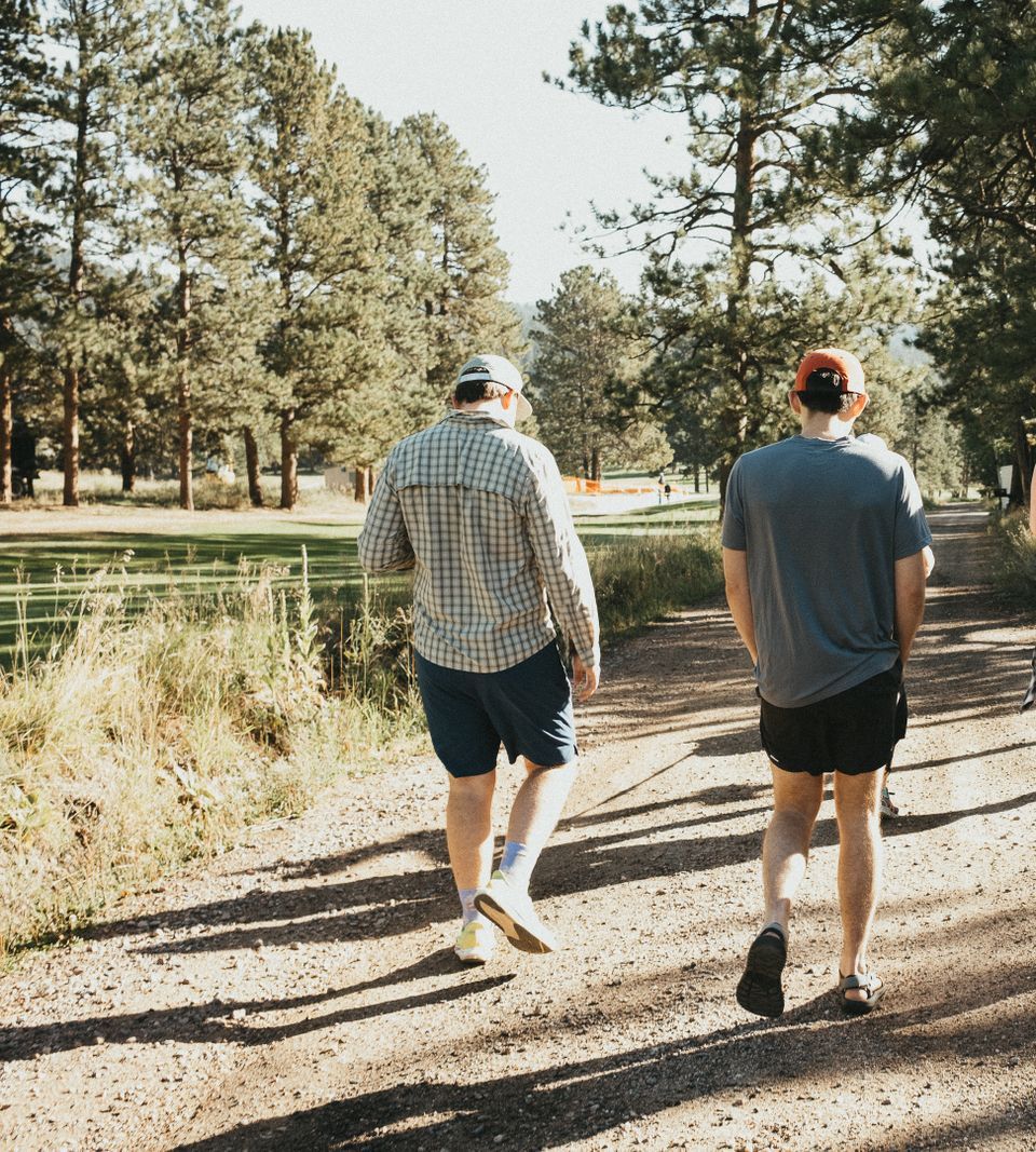 Friends walking along a sunny trail among pine trees